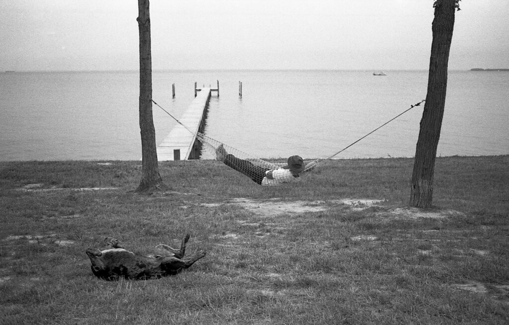 a man laying in a hammock on the beach