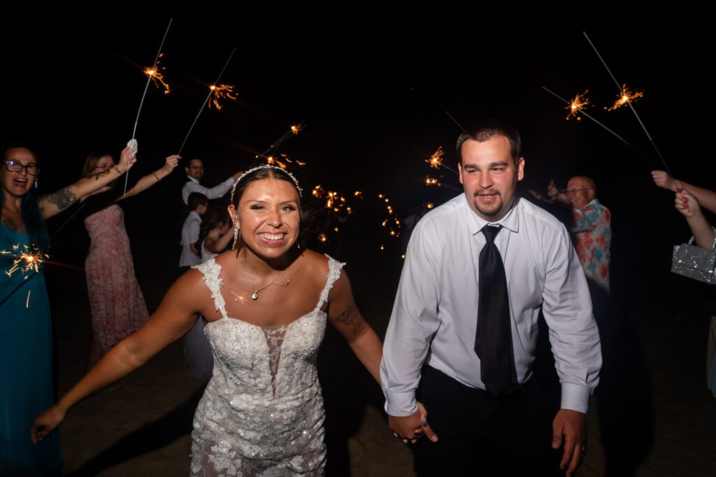 a bride and groom holding sparklers in their hands