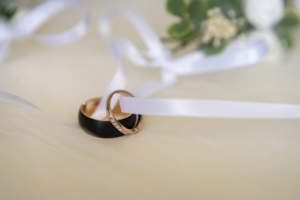 a wedding ring sitting on top of a table