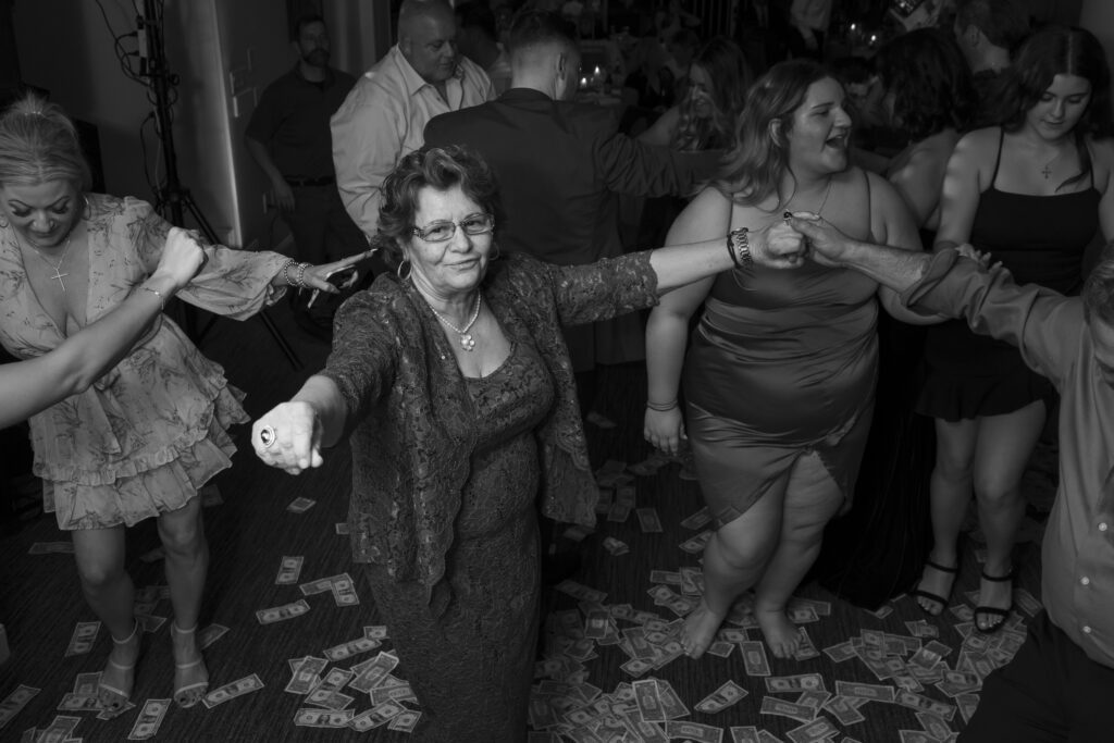 a group of people dancing at a party