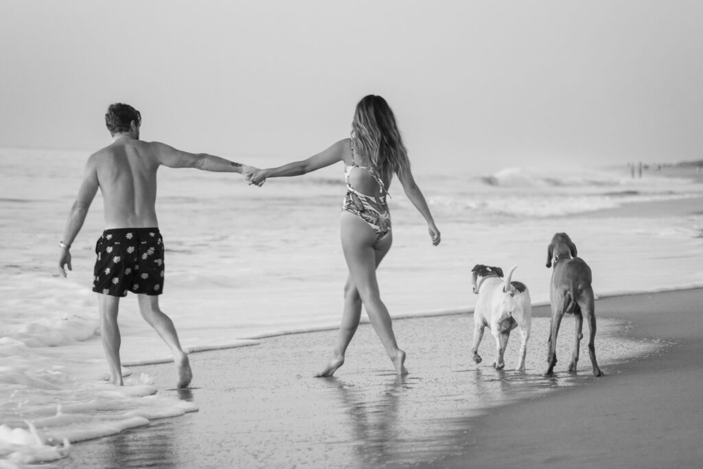 a man and woman holding hands while walking a dog on the beach