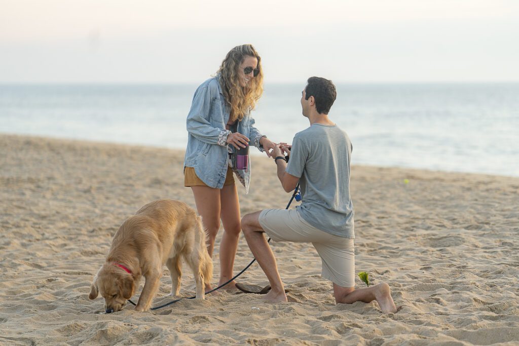 a man and a woman on a beach with a dog