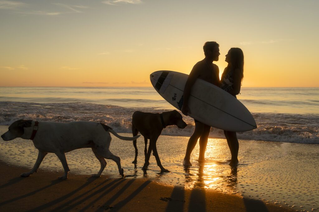 a man and a woman with a surfboard and a dog on the beach